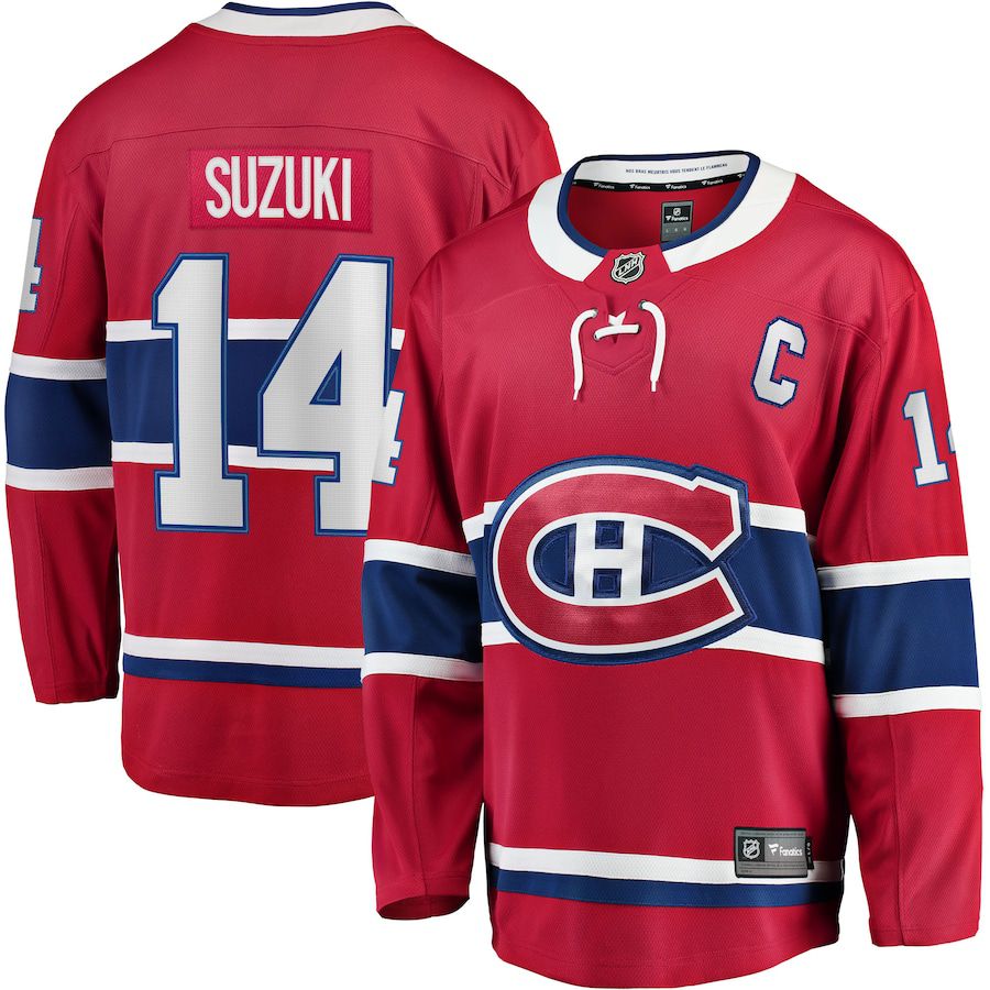 Men Montreal Canadiens 14 Nick Suzuki Fanatics Branded Red Home Captain Patch Breakaway Player NHL Jersey